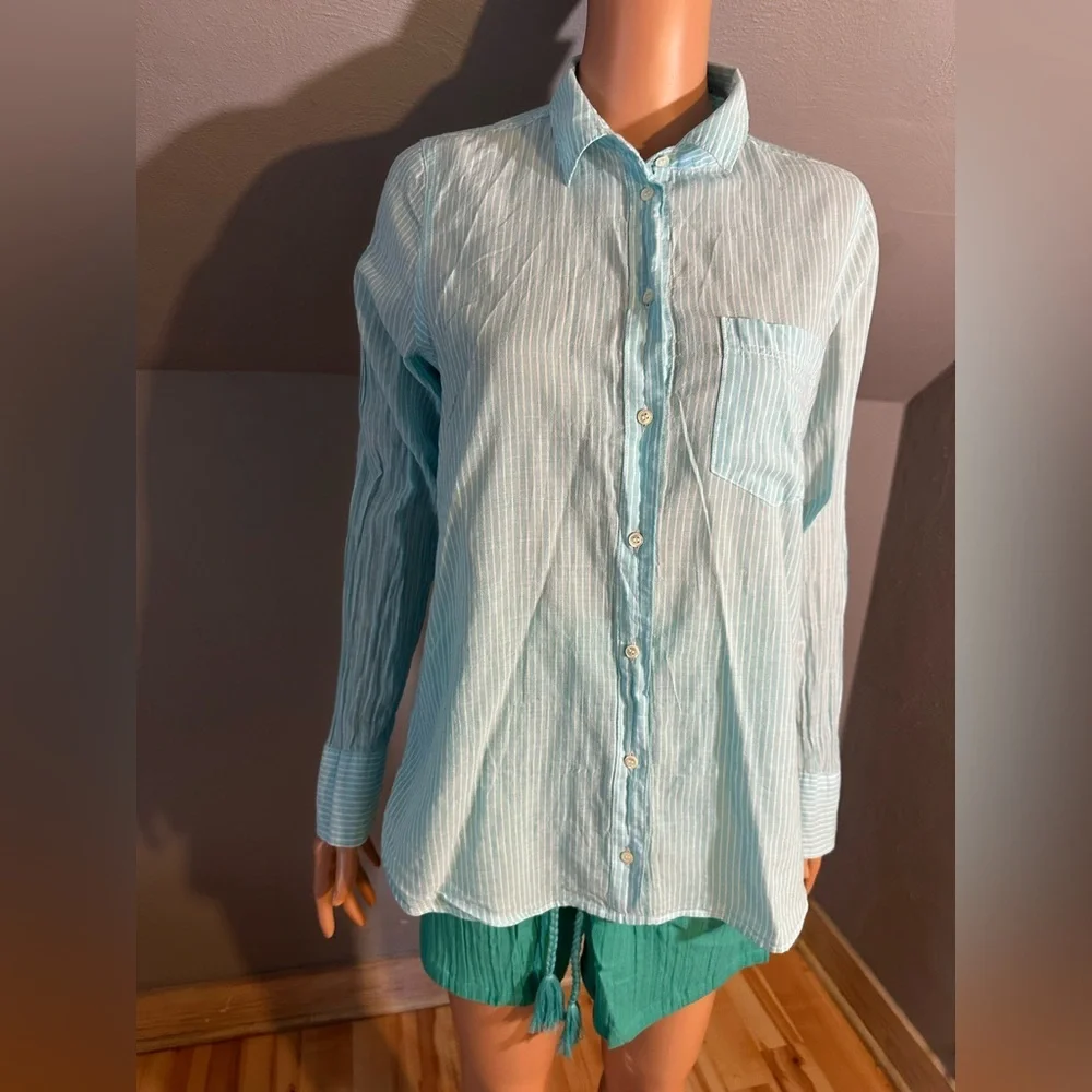 J. Crew Aqua Blue Striped Button Down Shirt Long Sleeve Size 8 EUC